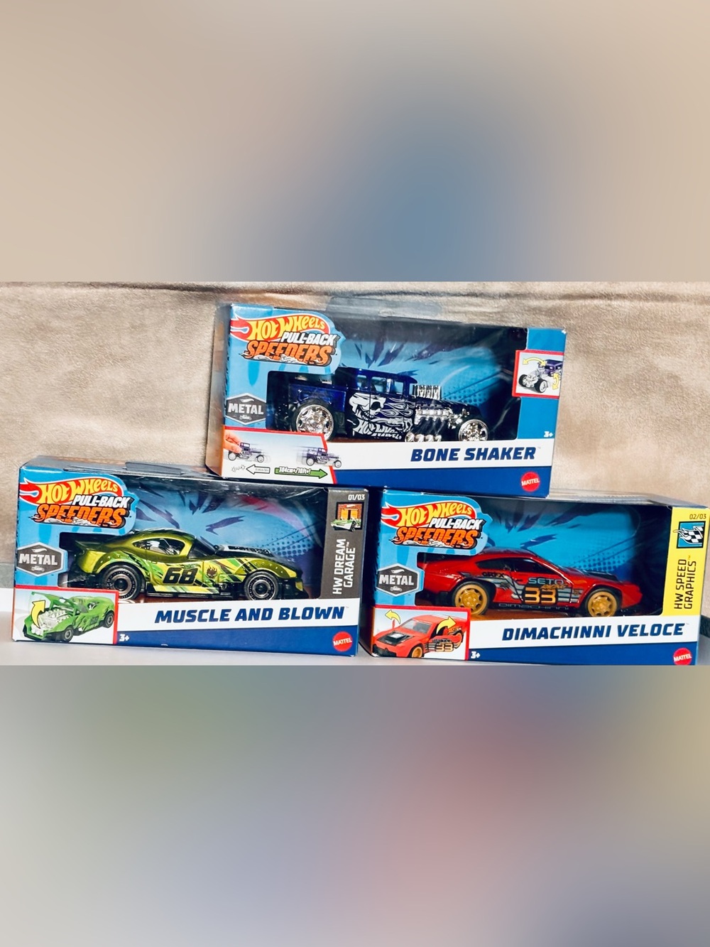Hot Wheels Pullback Speeders: Bone Shaker, Muscle and Blown & Dimachinni Veloce